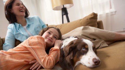 Mother with daughter with ADHD (8-10) relaxing on sofa with dog, smiling