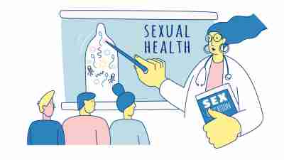 School Sexuality Education Program. School's lesson on Safe Sex education for teens, teenagers, students. Teacher doctor at the board. Vector illustration doodles, line art style design