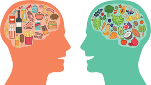 silhouettes of two heads with brains filled with unhealthy and ADHD-friendly foods